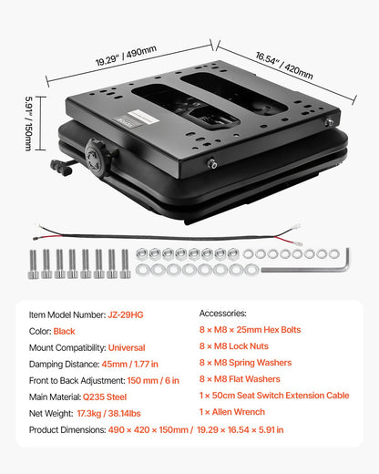 Sätesfjädringskit med sätesglidspår, universell luftfjädring för sätet med dammskydd, 15 cm justerbar fram-till-bak-funktion, sätesfjädringskit för nollsvänggräsklippare, gaffeltruck