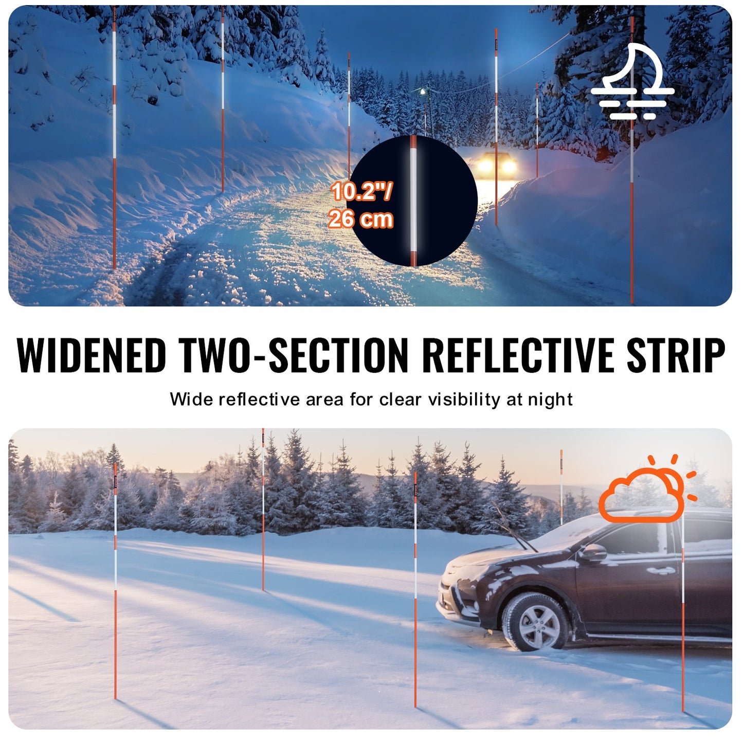 Driveway Markers, 50 PCS 122 cm, 0.79 cm Diameter, Orange Fiberglass Poles Snow Stakes with Reflective Tape, 30.48 cm Steel Drill Bit & Protection Gloves for Parking Lots, Walkways Easy Visibility