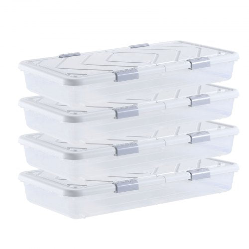 Under Bed Storage with Wheels, 805 x 396 x 175 mm Underbed Containers, Underbed Shoes Organizer with Lid and Gray Latch, Rolling Under the Bed Storage Bins for Clothes Shoes Blankets, 4 Pack