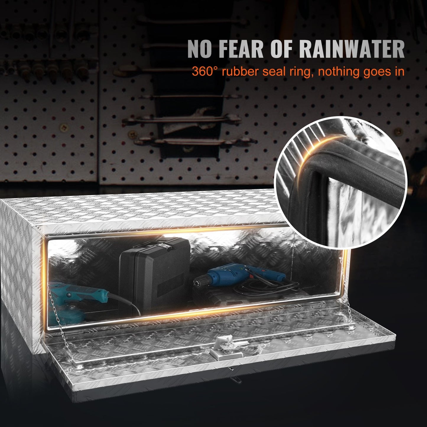 Underrede för lastbil, 48"×24"×24" förvaringslåda för pickup, kraftig verktygslåda i diamantplåt i aluminium med lås och nycklar, vattentät förvaringslåda för släpvagn med T-handtag för lastbil, skåpbil, släpvagn