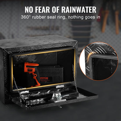 Underrede för lastbil, förvaringslåda för pickuper 61 x 30 x 36 cm, verktygslåda i kraftig aluminium med diamantplåt, lås och nycklar, vattentät förvaringslåda för släpvagn med T-handtag för lastbil, skåpbil, släpvagn