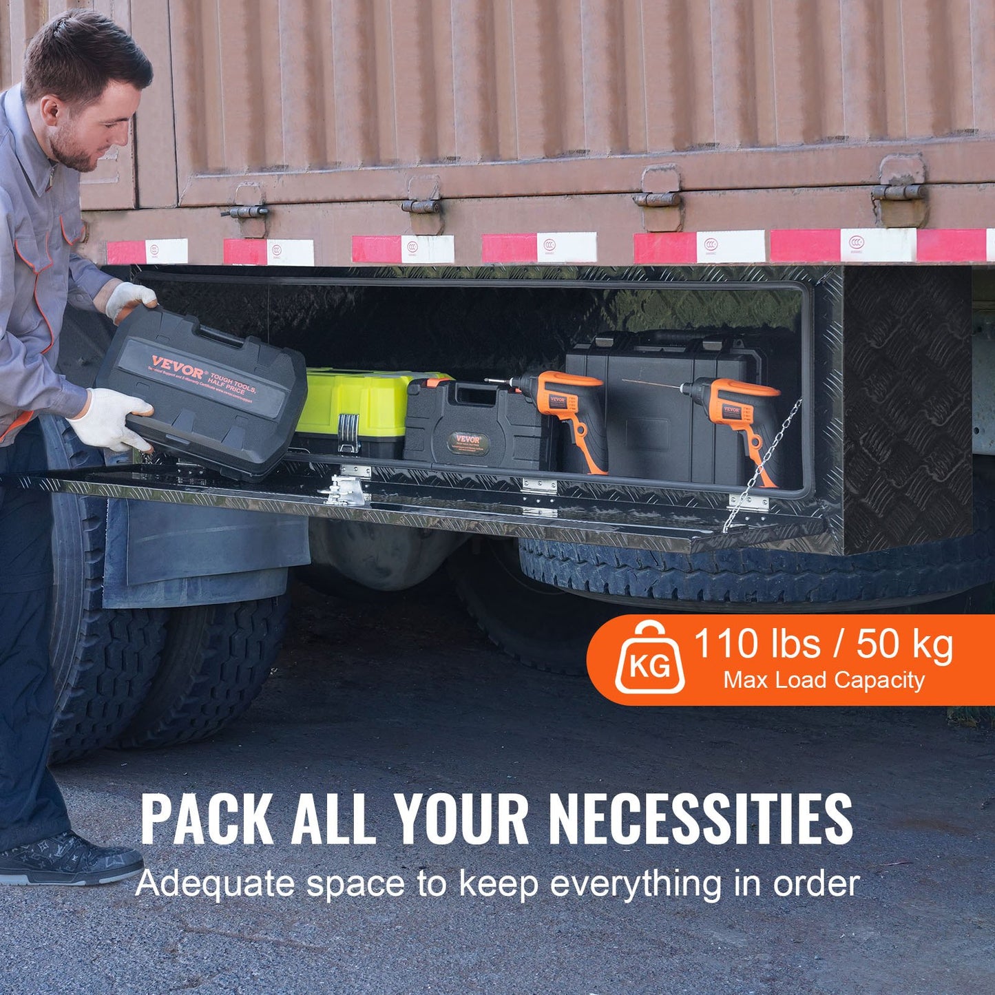 Underrede för lastbil, 60" x 17" x 18" förvaringslåda för pickup, kraftig verktygslåda i diamantplåt i aluminium med lås och nycklar, vattentät förvaringslåda för släpvagn med T-handtag för lastbil, skåpbil, släpvagn