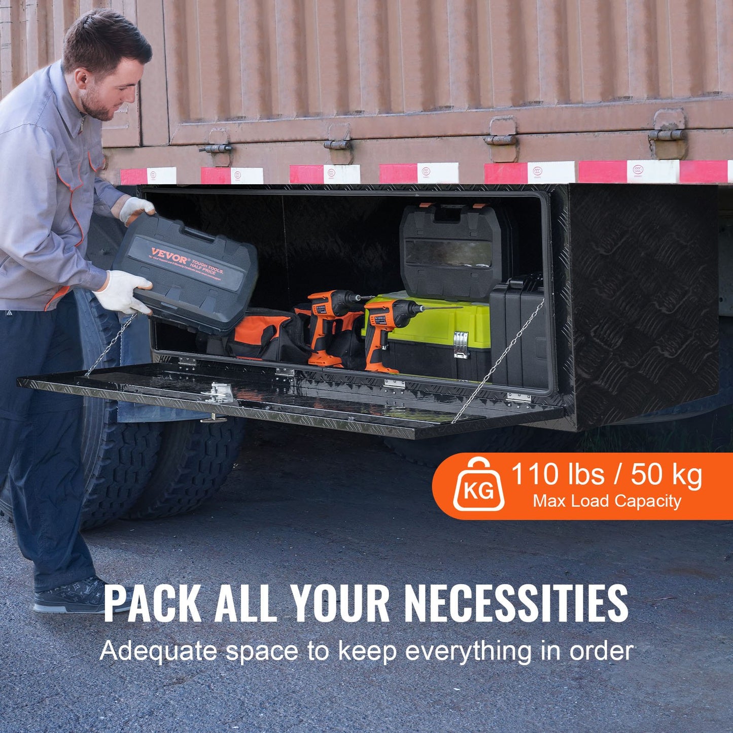 Underrede för lastbil, 60" x 24" x 24" förvaringslåda för pickup, kraftig verktygslåda i diamantplåt i aluminium med lås och nycklar, vattentät förvaringslåda för släpvagn med T-handtag för lastbil, skåpbil, släpvagn