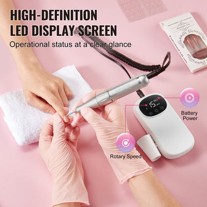 Elektrisk uppladdningsbar nagelborr, 35 000 varv/min bärbar sladdlös nagelfilsmaskin, LCD-skärm akrylgel-slipverktyg med 6 bitar och 50 st slipband för manikyr pedikyr carve polish