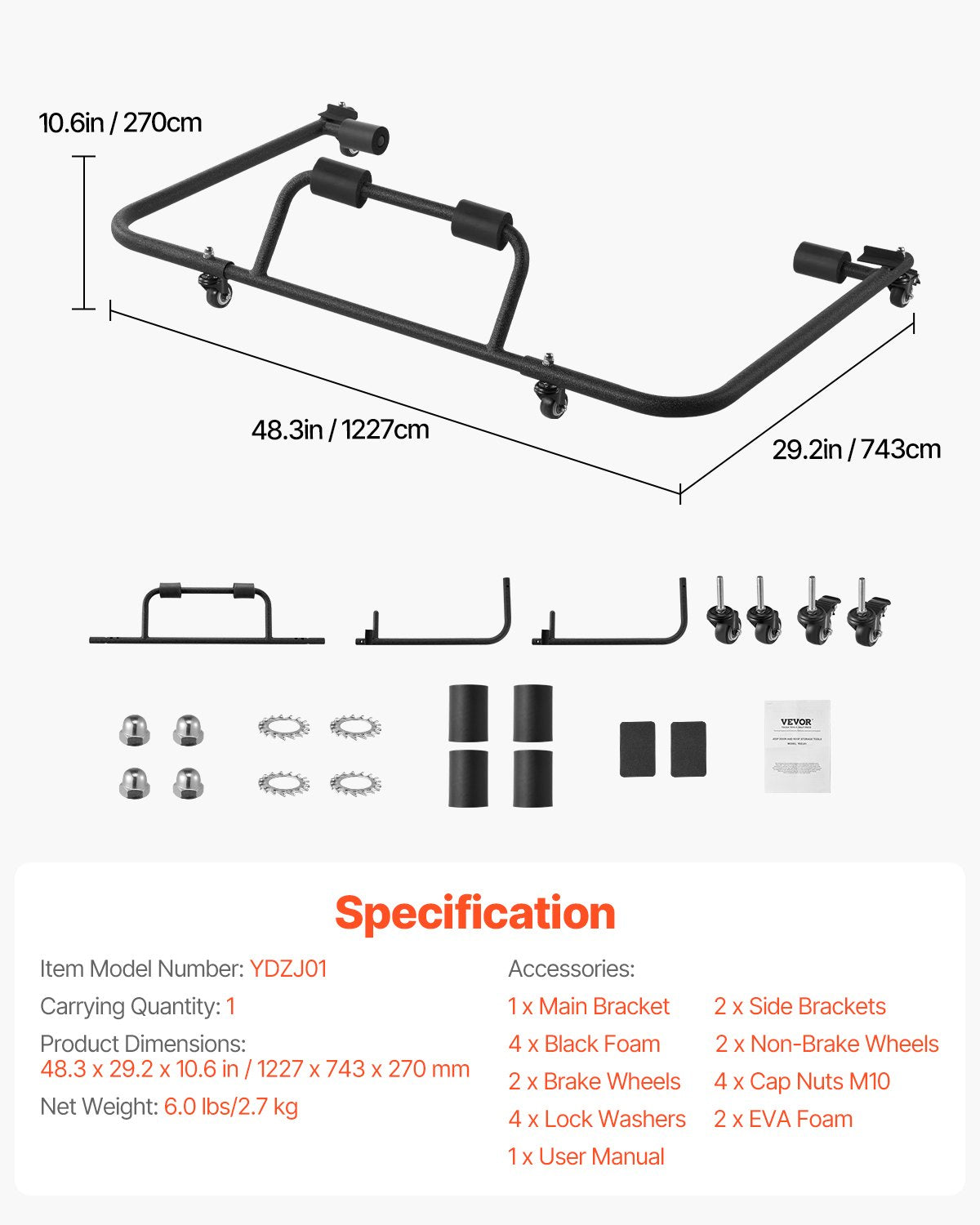 Förvaringsvagn med hård tak, flyttbar och robust vagn med hård tak, med 3 justerbara hål och förtjockad mjuk stoppning, förvaringsställ med hård tak och pulverlackering, passar för Jeep Wrangler TJ, JK, JL