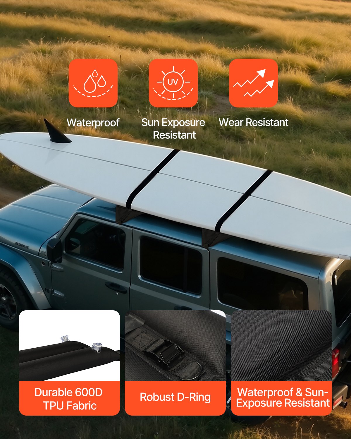 Uppblåsbara mjuka takräcken, 37,6-tums universella biltakräcke, 88 kg lastning av bagage Kajakhållare med 2 surrremmar och rep, handluftpump, förvaringsväska för kanoter surfbrädor SUPs