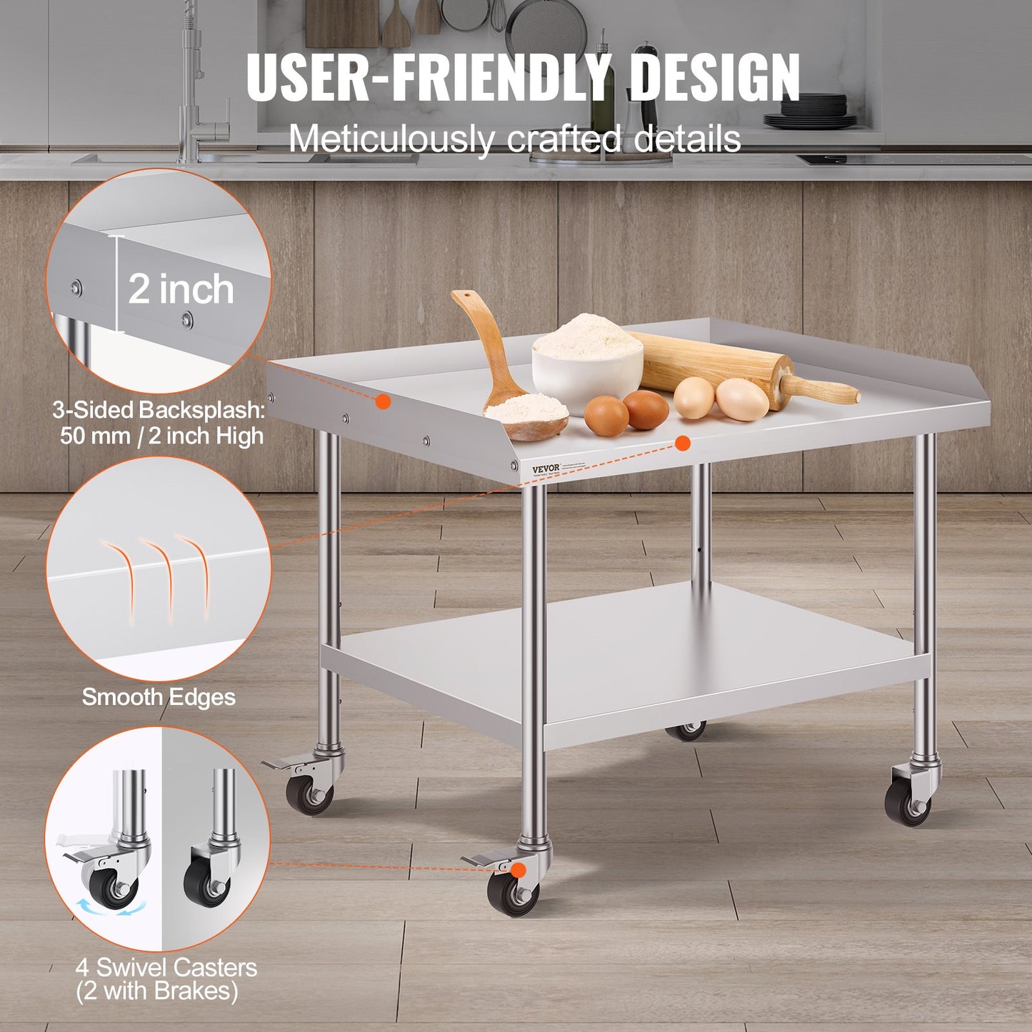 Stainless Steel Work Table 76.2x91.4 cm Commercial Food Prep Table W/ 4 Casters