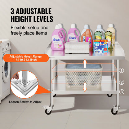 Stainless Steel Work Table 76.2x91.4 cm Commercial Food Prep Table W/ 4 Casters