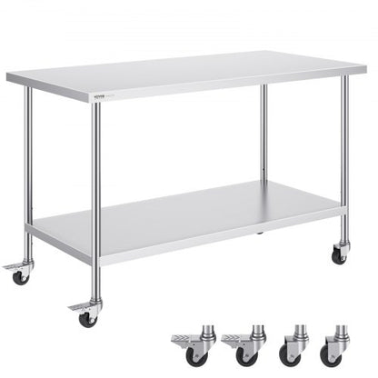 Arbetsbord i rostfritt stål 30 x 60 x 38 tum, med 4 hjul, 3 justerbara höjdnivåer, kraftigt arbetsbord för matlagning för storkök, restaurang, silver