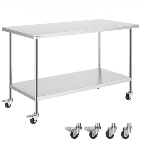 Arbetsbord i rostfritt stål 30 x 60 x 38 tum, med 4 hjul, 3 justerbara höjdnivåer, kraftigt arbetsbord för matlagning för storkök, restaurang, silver