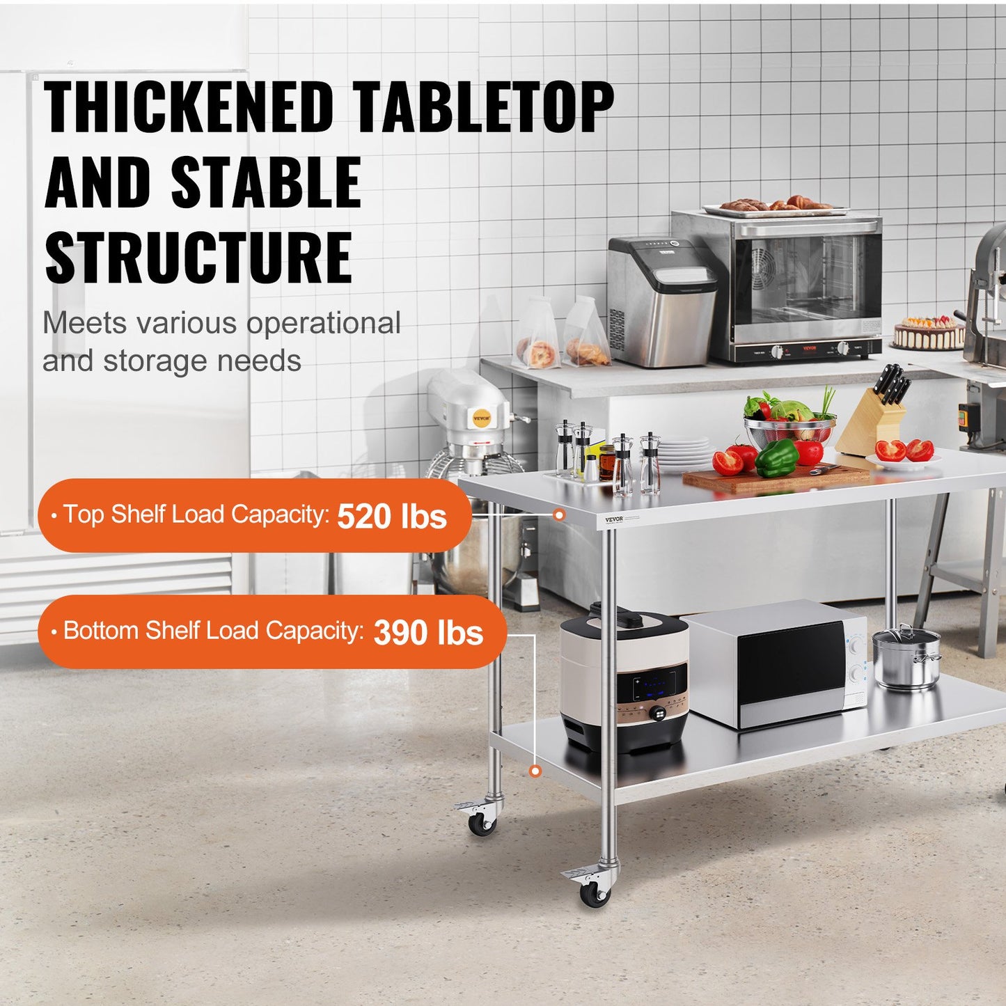 Arbetsbord i rostfritt stål 30 x 60 x 38 tum, med 4 hjul, 3 justerbara höjdnivåer, kraftigt arbetsbord för matlagning för storkök, restaurang, silver