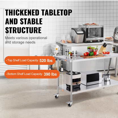 Arbetsbord i rostfritt stål 30 x 60 x 38 tum, med 4 hjul, 3 justerbara höjdnivåer, kraftigt arbetsbord för matlagning för storkök, restaurang, silver