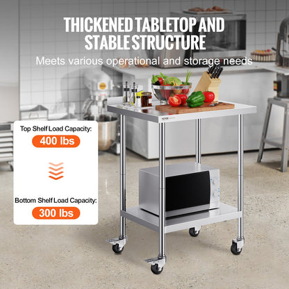 24 x 30 x 40 tums arbetsbord i rostfritt stål, kommersiellt arbetsbord för matlagning med hjul, kraftigt arbetsbord för matlagning, arbetsbord i metall med justerbar höjd för restaurang, hem och hotell