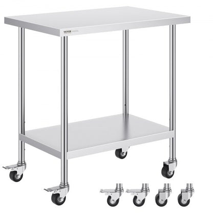 Arbetsbord i rostfritt stål 24 x 36 x 38 tum, med 4 hjul, 3 justerbara höjdnivåer, kraftigt arbetsbord för matlagning för storkök, restaurang, silver