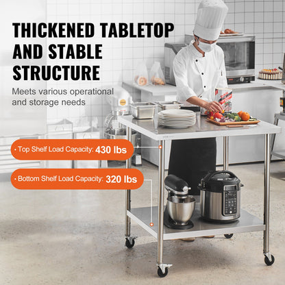 Arbetsbord i rostfritt stål 24 x 36 x 38 tum, med 4 hjul, 3 justerbara höjdnivåer, kraftigt arbetsbord för matlagning för storkök, restaurang, silver