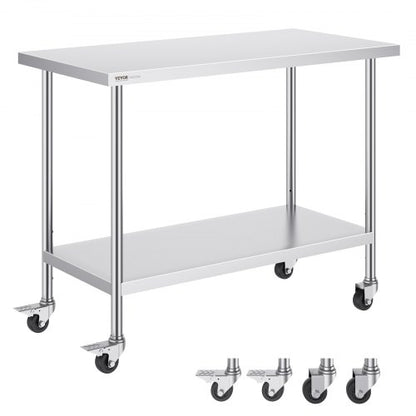 Arbetsbord i rostfritt stål 24 x 48 x 38 tum, med 4 hjul, 3 justerbara höjdnivåer, kraftigt arbetsbord för matlagning för storkök, restaurang, silver