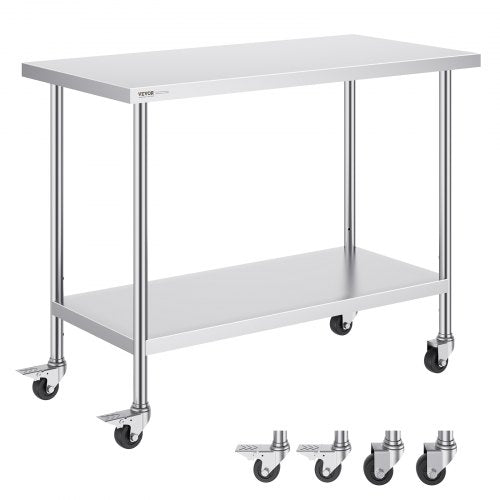 Arbetsbord i rostfritt stål 24 x 48 x 38 tum, med 4 hjul, 3 justerbara höjdnivåer, kraftigt arbetsbord för matlagning för storkök, restaurang, silver