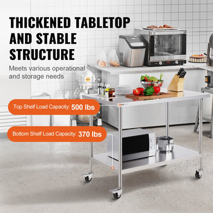 Arbetsbord i rostfritt stål 30 x 48 x 38 tum, med 4 hjul, 3 justerbara höjdnivåer, kraftigt arbetsbord för matlagning för storkök, restaurang, silver