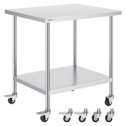 Arbetsbord i rostfritt stål 30 x 36 x 38 tum, med 4 hjul, 3 justerbara höjdnivåer, kraftigt arbetsbord för matlagning för storkök, restaurang, silver