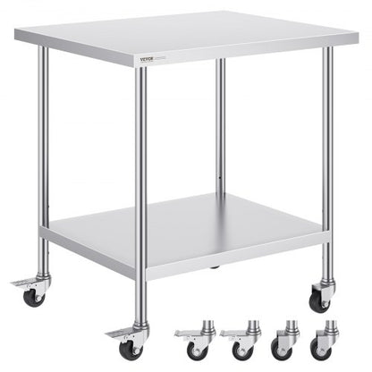 Arbetsbord i rostfritt stål 30 x 18 x 38 tum, med 4 hjul, 3 justerbara höjdnivåer, kraftigt arbetsbord för matlagning för storkök och restaurang, silver