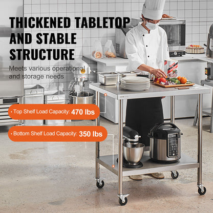 Arbetsbord i rostfritt stål 30 x 18 x 38 tum, med 4 hjul, 3 justerbara höjdnivåer, kraftigt arbetsbord för matlagning för storkök och restaurang, silver