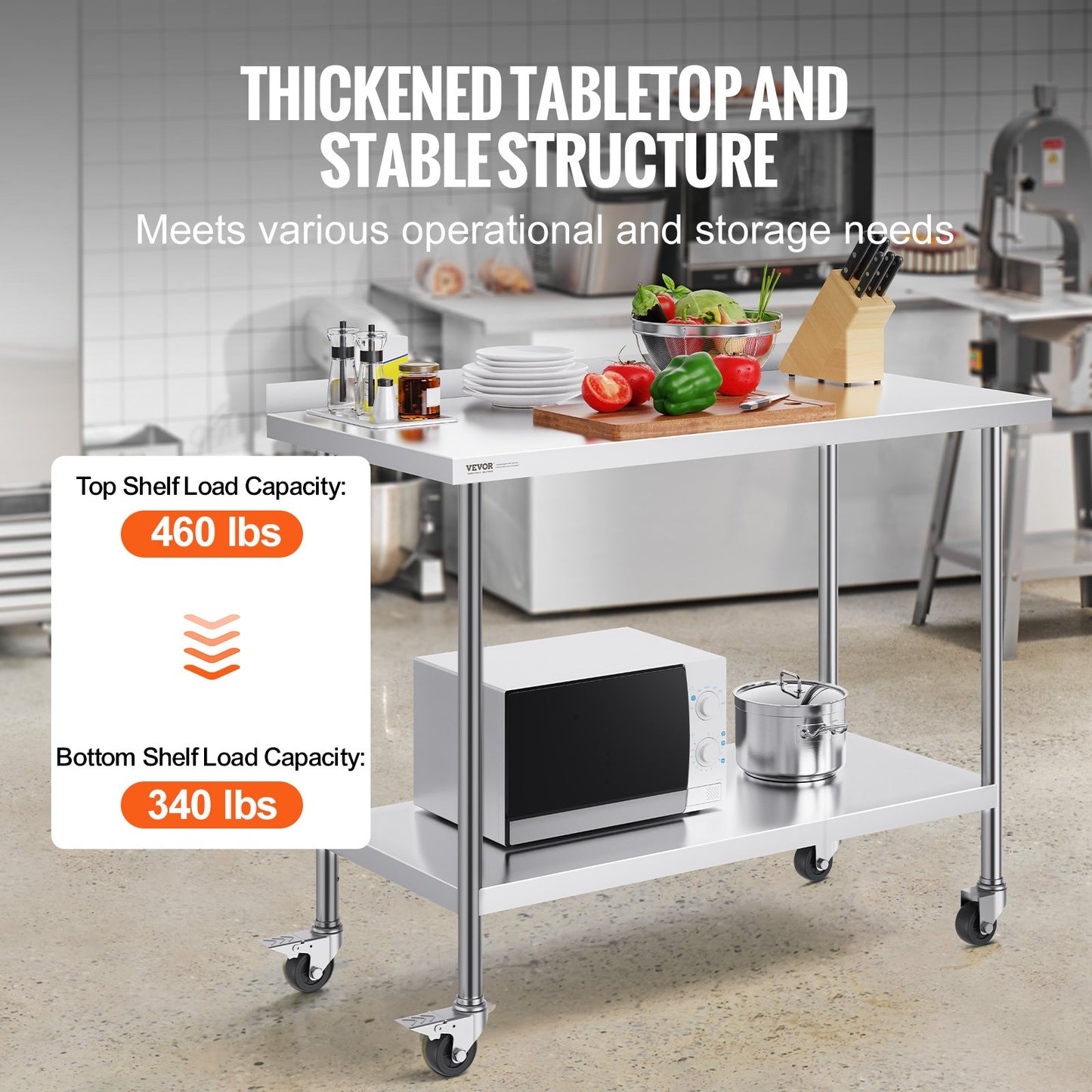24 x 48 x 40 Inch Stainless Steel Work Table, Commercial Food Prep Worktable with Casters, Heavy Duty Prep Worktable, Metal Work Table with Adjustable Height for Restaurant, Home and Hotel
