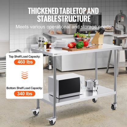 24 x 48 x 40 Inch Stainless Steel Work Table, Commercial Food Prep Worktable with Casters, Heavy Duty Prep Worktable, Metal Work Table with Adjustable Height for Restaurant, Home and Hotel