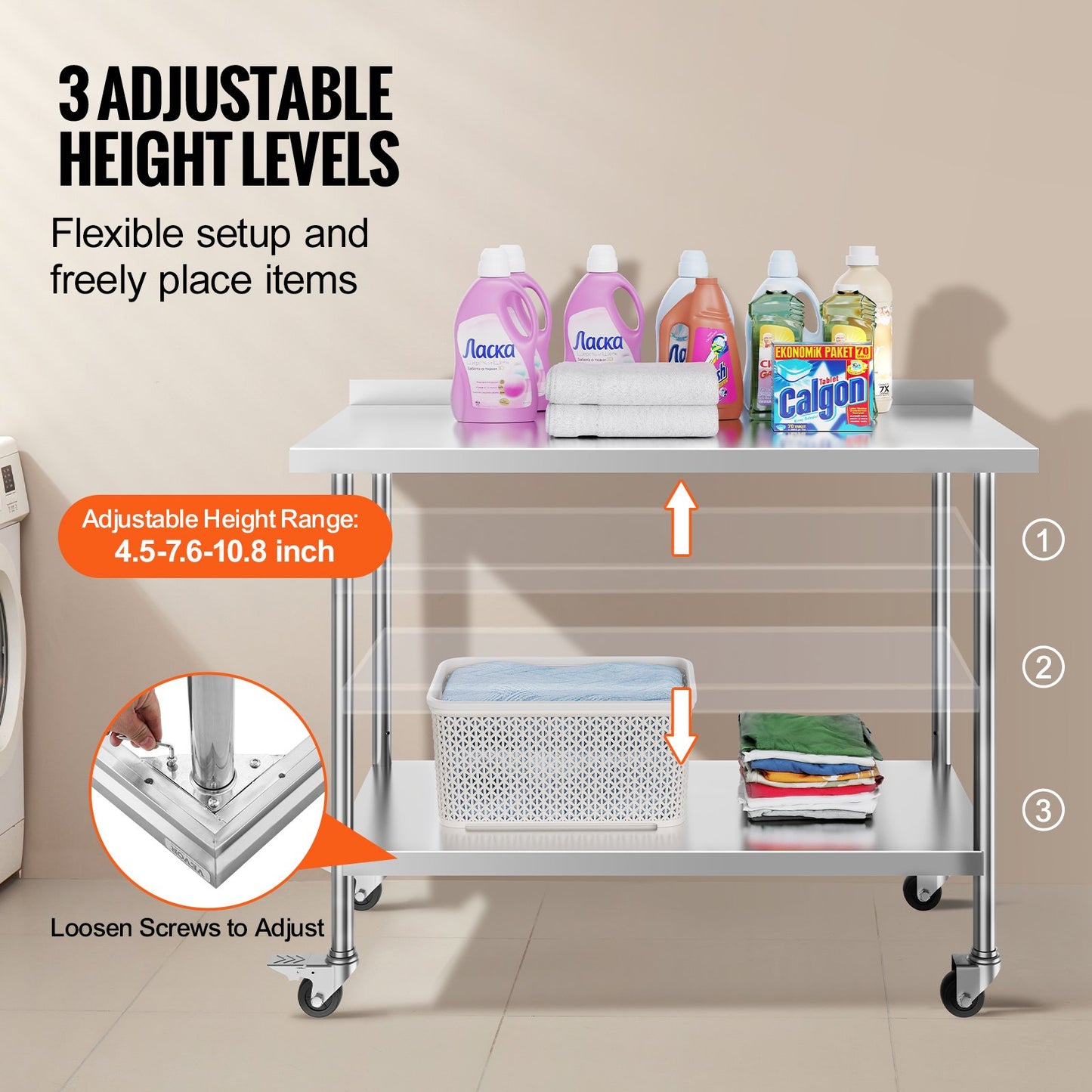24 x 48 x 40 Inch Stainless Steel Work Table, Commercial Food Prep Worktable with Casters, Heavy Duty Prep Worktable, Metal Work Table with Adjustable Height for Restaurant, Home and Hotel