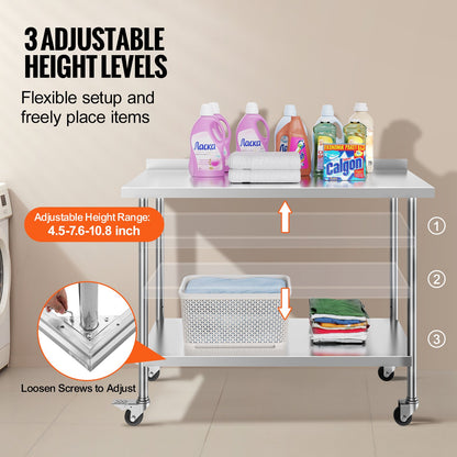 24 x 48 x 40 Inch Stainless Steel Work Table, Commercial Food Prep Worktable with Casters, Heavy Duty Prep Worktable, Metal Work Table with Adjustable Height for Restaurant, Home and Hotel