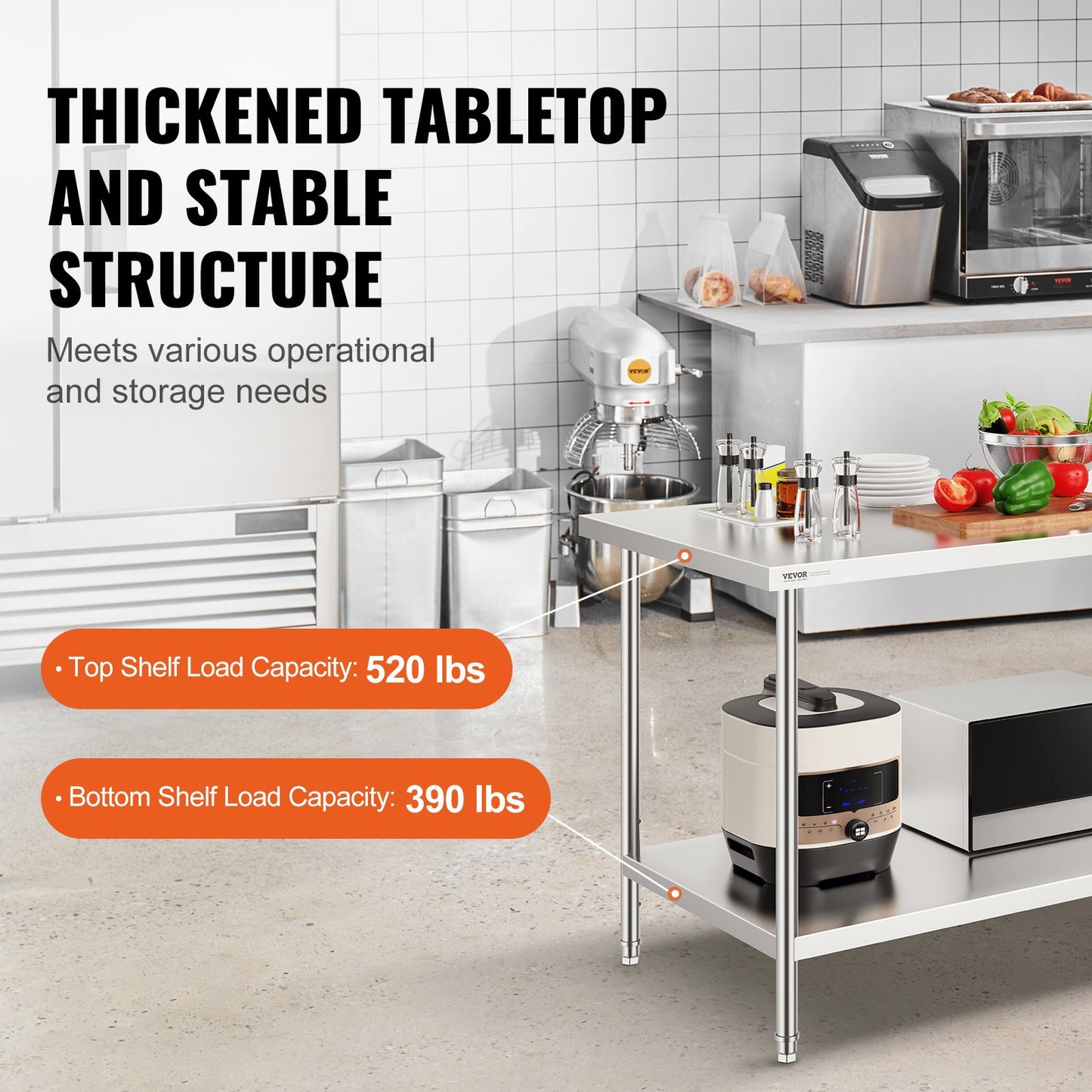 Förberedelsebord i rostfritt stål, 30 x 60 x 34 tum, kraftigt arbetsbord i metall med 3 justerbara höjdnivåer, kommersiell arbetsstation för kök, garage, restaurang, trädgård