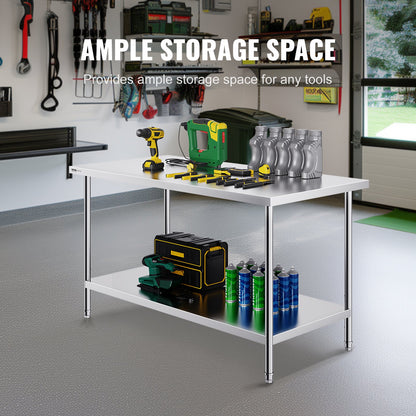 Förberedelsebord i rostfritt stål, 30 x 60 x 34 tum, kraftigt arbetsbord i metall med 3 justerbara höjdnivåer, kommersiell arbetsstation för kök, garage, restaurang, trädgård