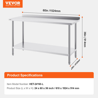 24 x 60 x 36 tums arbetsbord i rostfritt stål, kommersiellt arbetsbord för matlagning, kraftigt arbetsbord för matlagning, arbetsbord i metall med justerbar höjd för restaurang, hem och hotell