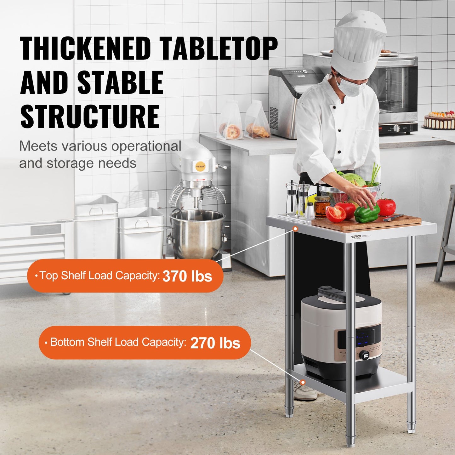 Förberedelsebord i rostfritt stål, 24 x 18 x 34 tum, kraftigt arbetsbord i metall med 3 justerbara höjdnivåer, kommersiell arbetsstation för kök, garage, restaurang, trädgård