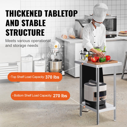 Förberedelsebord i rostfritt stål, 24 x 18 x 34 tum, kraftigt arbetsbord i metall med 3 justerbara höjdnivåer, kommersiell arbetsstation för kök, garage, restaurang, trädgård