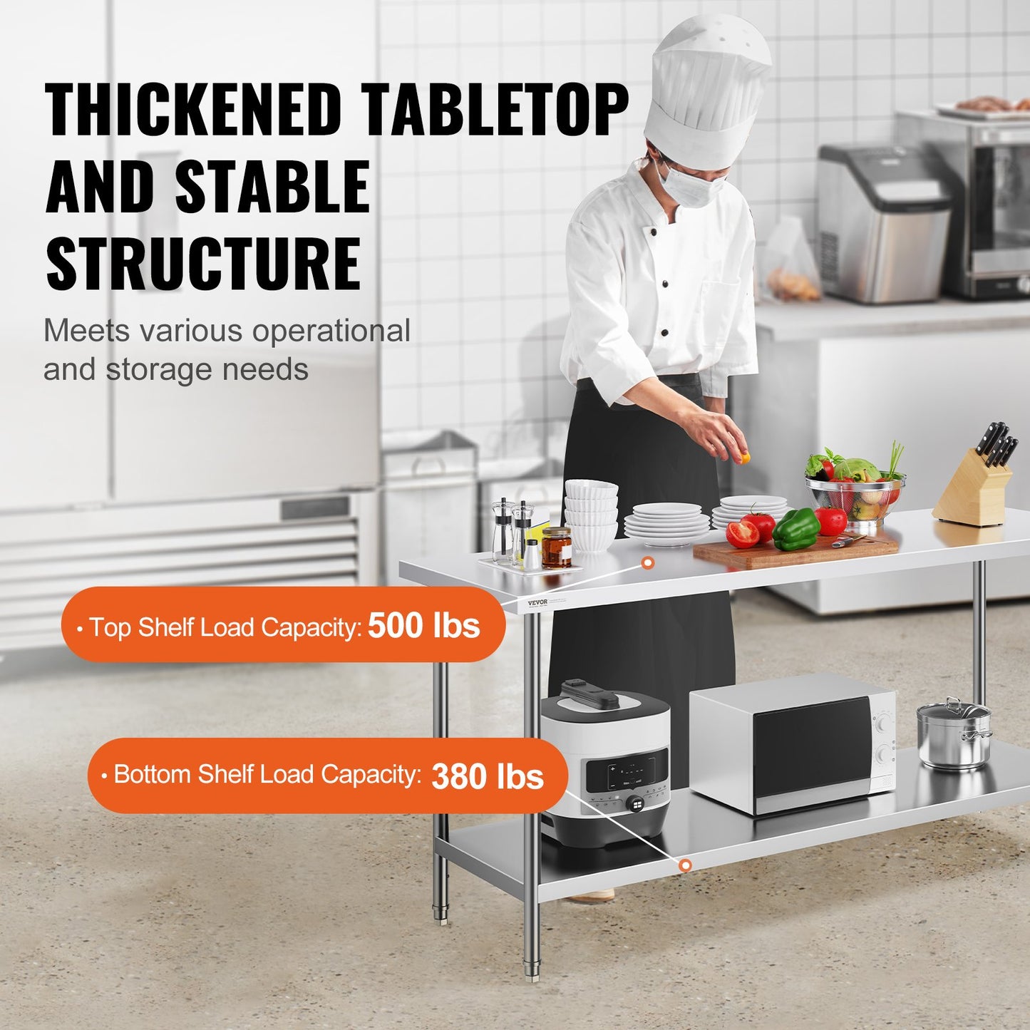 Förberedelsebord i rostfritt stål, 24 x 72 x 34 tum, kraftigt arbetsbord i metall med 3 justerbara höjdnivåer, kommersiell arbetsstation för kök, garage, restaurang, trädgård