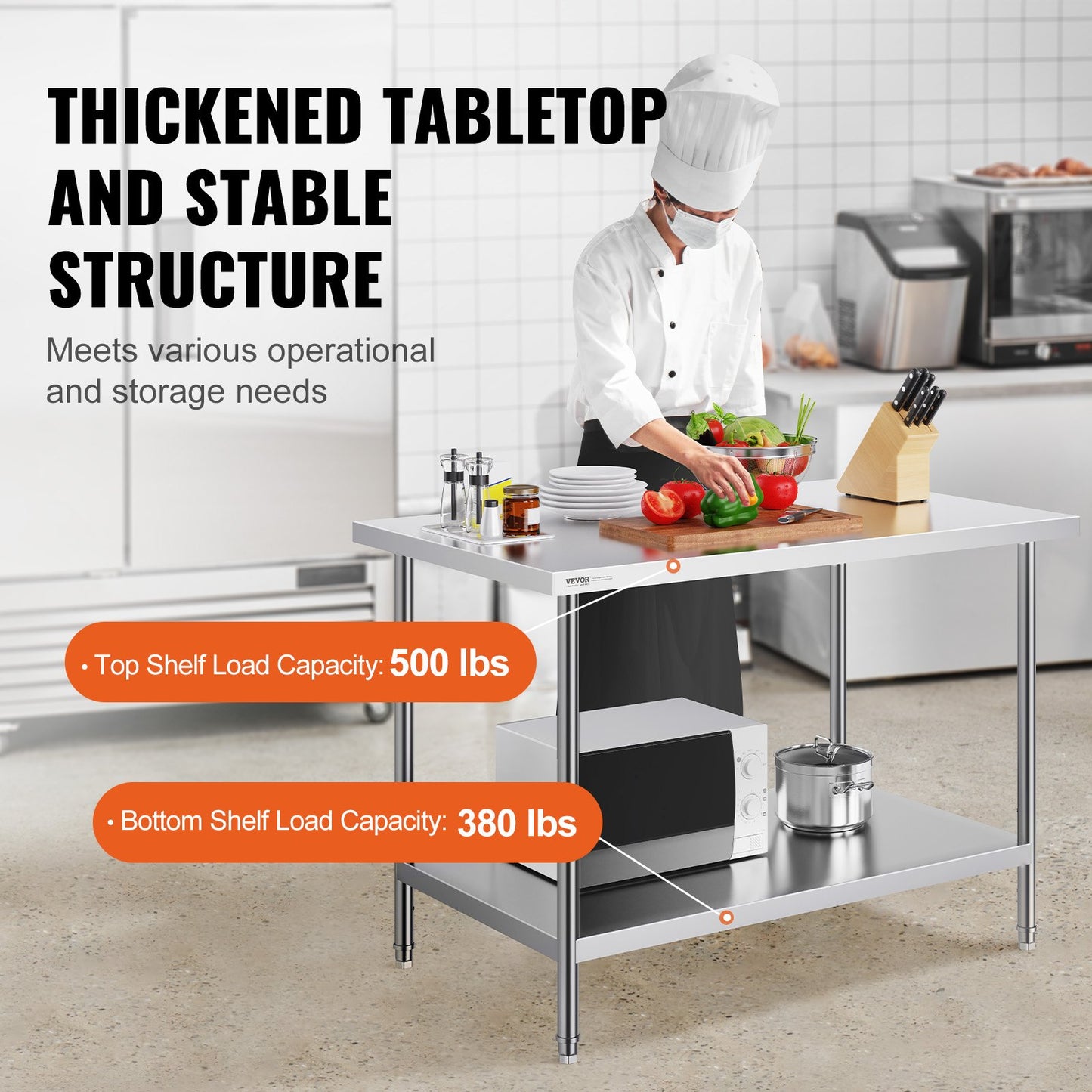 Förberedelsebord i rostfritt stål, 30 x 48 x 34 tum, kraftigt arbetsbord i metall med 3 justerbara höjdnivåer, kommersiell arbetsstation för kök, garage, restaurang, trädgård
