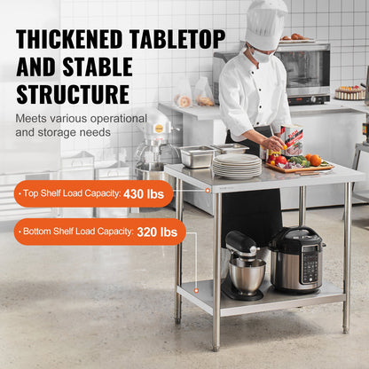 Förberedelsebord i rostfritt stål, 24 x 36 x 34 tum, kraftigt arbetsbord i metall med 3 justerbara höjdnivåer, kommersiell arbetsstation för kök, garage, restaurang, trädgård