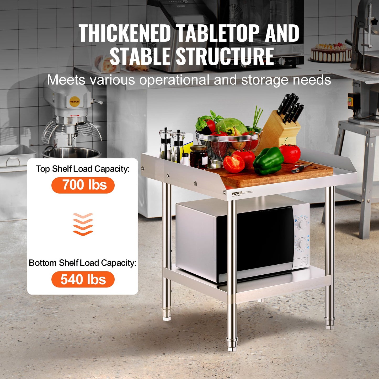 Arbetsbord i rostfritt stål, 24 x 24 x 26 tums kommersiellt arbetsbord för matlagning, 3-sidigt bakstänkskydd kraftigt arbetsbord för matlagning, arbetsbord i metall med justerbar höjd för restaurang, hem, hotell