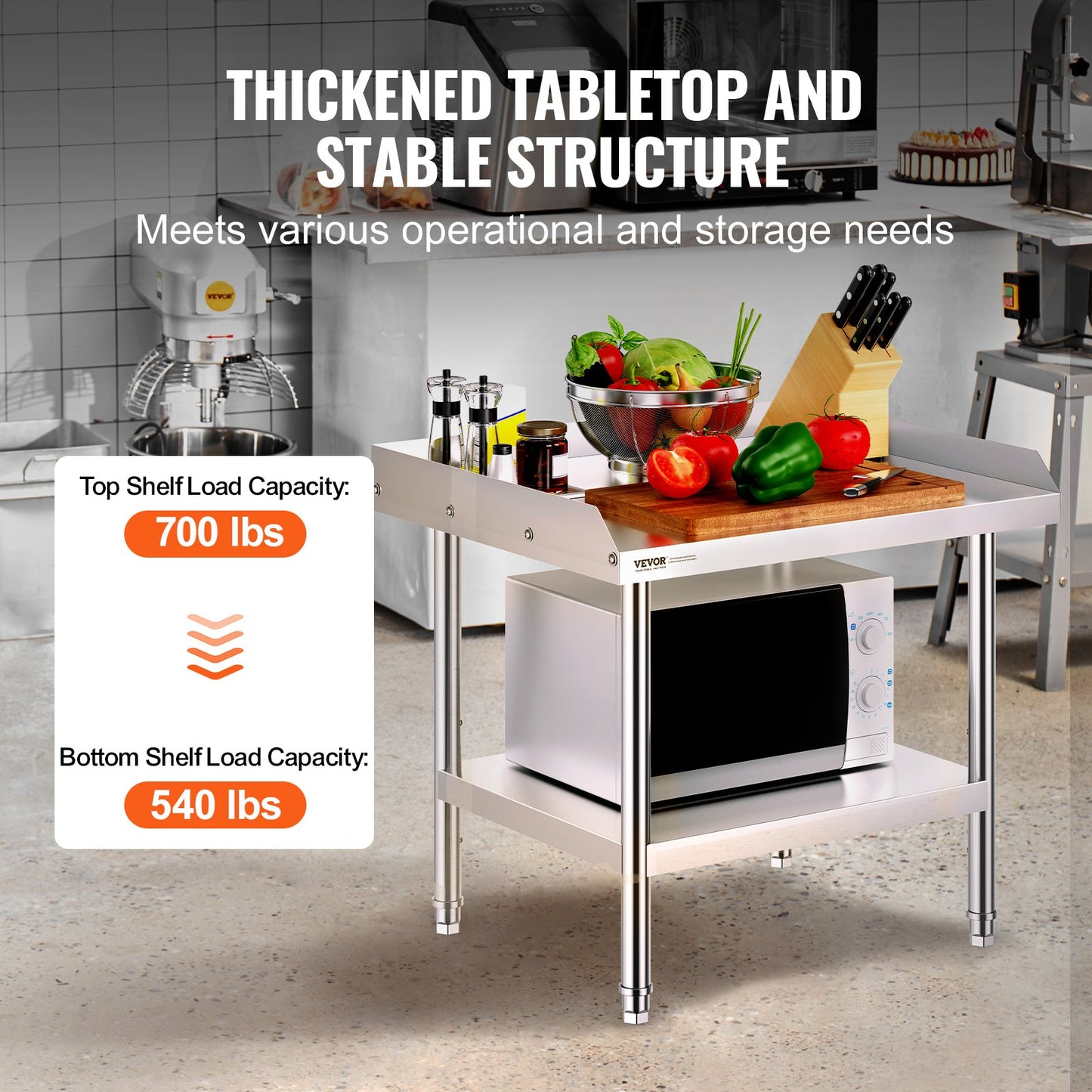 Arbetsbord i rostfritt stål, 24 x 28 x 26 tums kommersiellt arbetsbord för matlagning, 3-sidigt bakstänkskydd kraftigt arbetsbord för matlagning, arbetsbord i metall med justerbar höjd för restaurang, hem, hotell