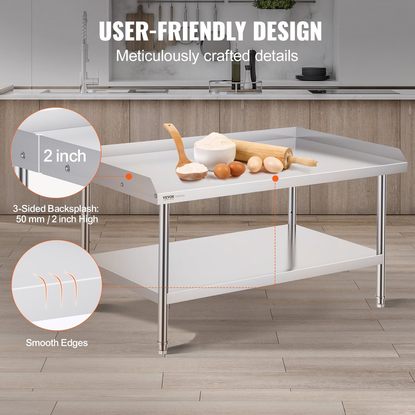 Arbetsbord i rostfritt stål, 30 x 48 x 26 tums kommersiellt arbetsbord för matlagning, 3-sidigt bakstänkskydd kraftigt arbetsbord för matlagning, arbetsbord i metall med justerbar höjd för restaurang, hem och hotell