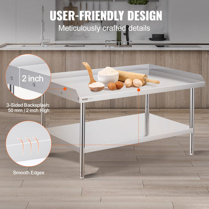 Arbetsbord i rostfritt stål, 30 x 48 x 26 tums kommersiellt arbetsbord för matlagning, 3-sidigt bakstänkskydd kraftigt arbetsbord för matlagning, arbetsbord i metall med justerbar höjd för restaurang, hem och hotell