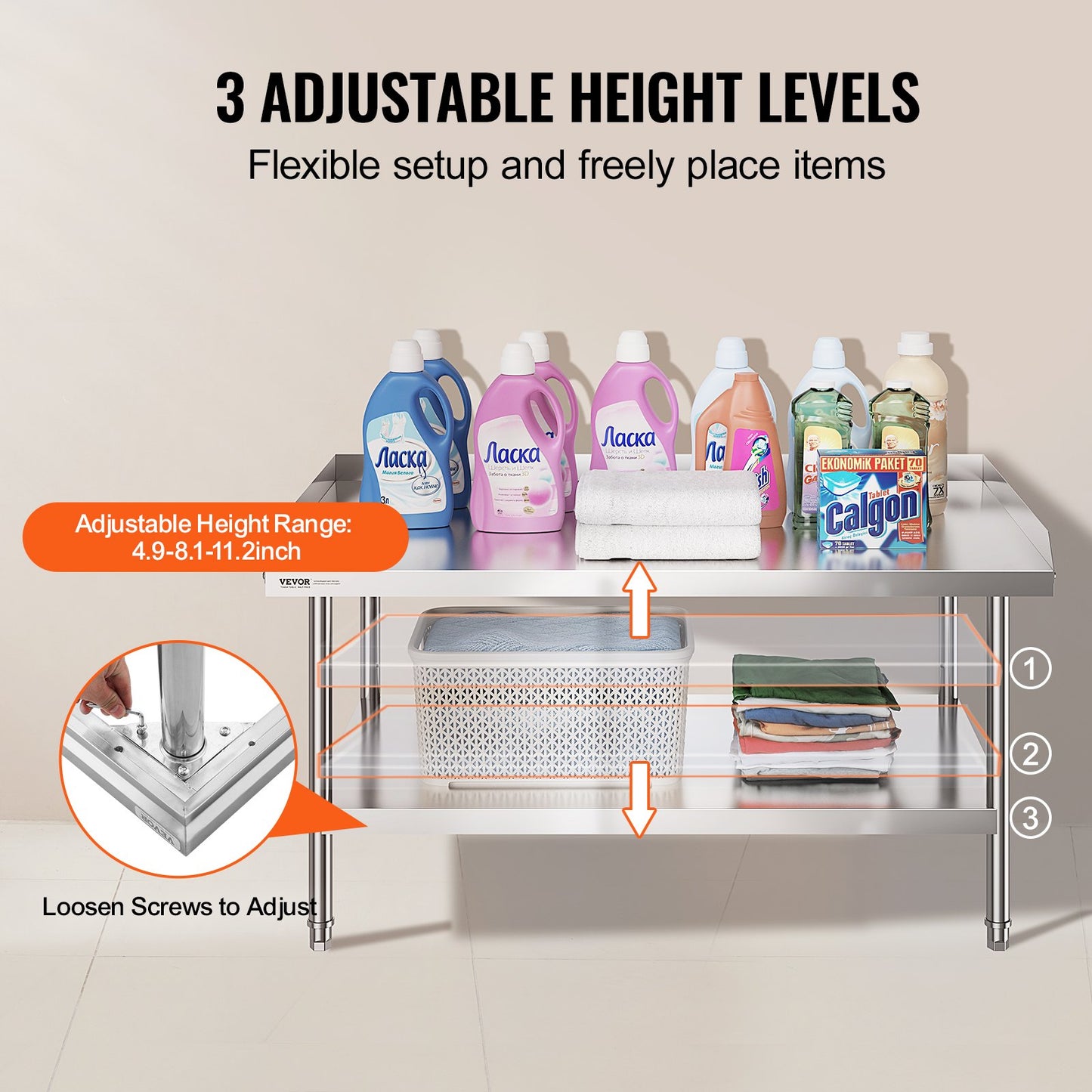 Arbetsbord i rostfritt stål, 30 x 48 x 26 tums kommersiellt arbetsbord för matlagning, 3-sidigt bakstänkskydd kraftigt arbetsbord för matlagning, arbetsbord i metall med justerbar höjd för restaurang, hem och hotell