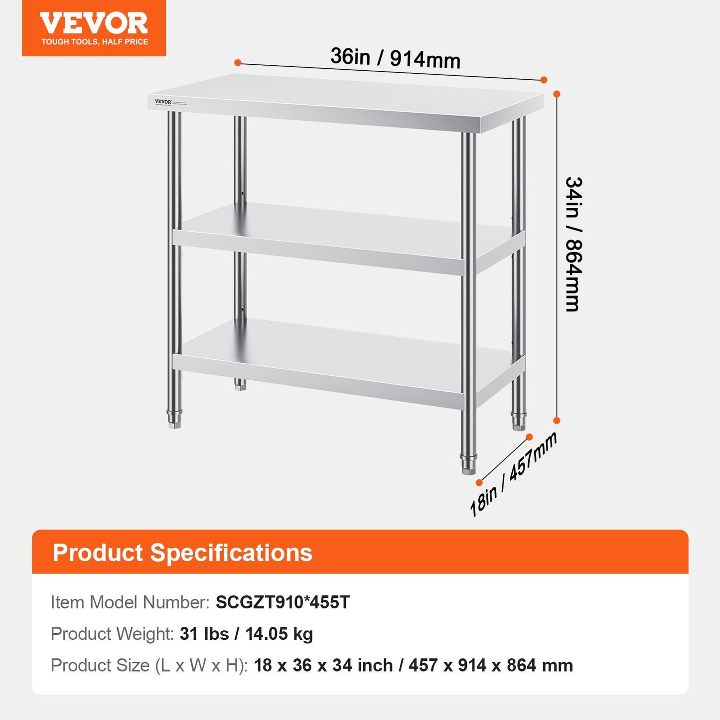 Stainless Steel Food Prep Table Commercial Kitchen Work Table 45.7x91.4 cm