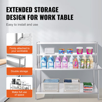 Double Overshelf, Double Tier Stainless Steel Overshelf, 12 x 72 Inch Double Deck Overshelf, Height Adjustable Overshelf Prep Work Table for Kitchen, Restaurant and Workshop