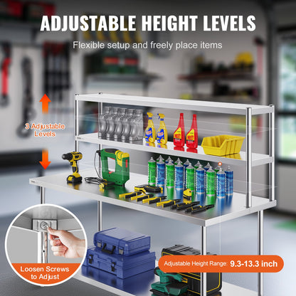 Double Overshelf, Double Tier Stainless Steel Overshelf, 12 x 72 Inch Double Deck Overshelf, Height Adjustable Overshelf Prep Work Table for Kitchen, Restaurant and Workshop