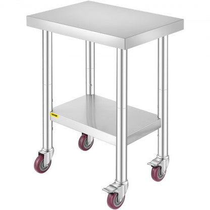 Arbetsbord i rostfritt stål 24 x 18 x 34 tum, 340 kg lastkapacitet med 4 hjul, 3 justerbara höjdnivåer, kraftigt arbetsbord för matlagning för storkök och restaurang, silver