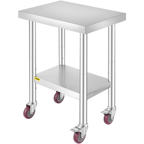 Arbetsbord i rostfritt stål 24 x 18 x 34 tum, 340 kg lastkapacitet med 4 hjul, 3 justerbara höjdnivåer, kraftigt arbetsbord för matlagning för storkök och restaurang, silver