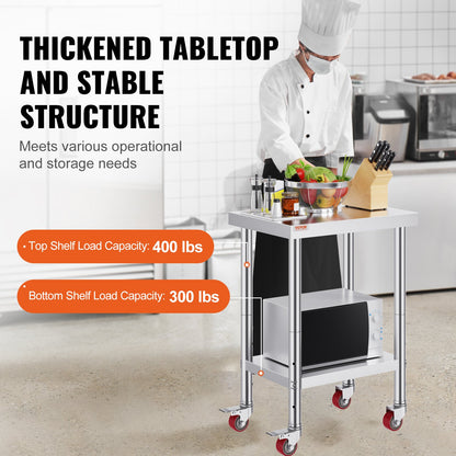 Arbetsbord i rostfritt stål 24 x 18 x 34 tum, 340 kg lastkapacitet med 4 hjul, 3 justerbara höjdnivåer, kraftigt arbetsbord för matlagning för storkök och restaurang, silver