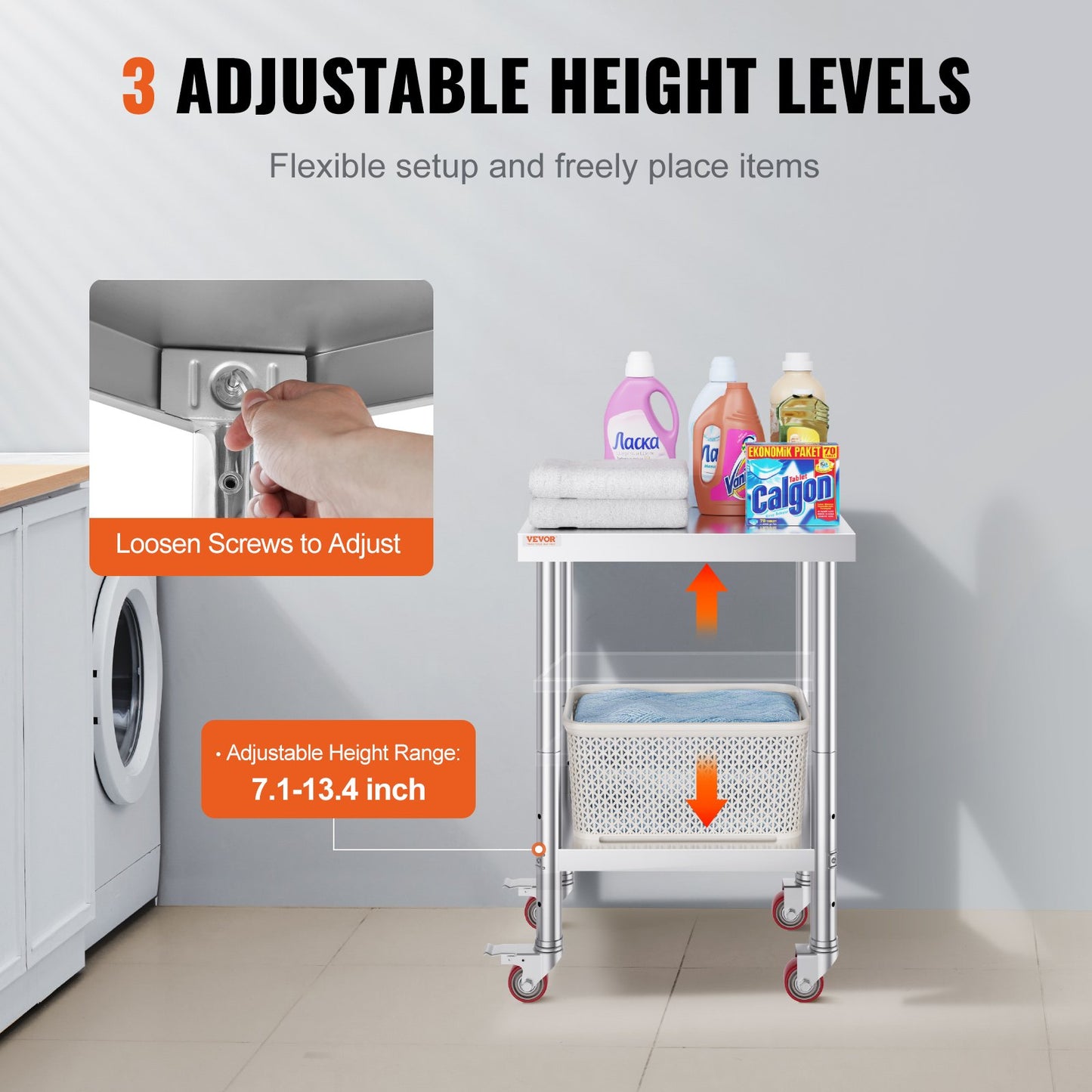 Arbetsbord i rostfritt stål 24 x 18 x 34 tum, 340 kg lastkapacitet med 4 hjul, 3 justerbara höjdnivåer, kraftigt arbetsbord för matlagning för storkök och restaurang, silver