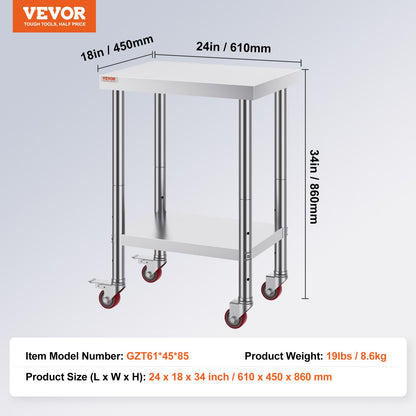 Arbetsbord i rostfritt stål 24 x 18 x 34 tum, 340 kg lastkapacitet med 4 hjul, 3 justerbara höjdnivåer, kraftigt arbetsbord för matlagning för storkök och restaurang, silver